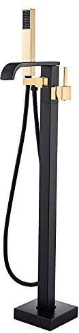 SHUGUANG Robinet de Baignoire sur Pied Cascade Noir et Or Mitigeur de Baignoire Ilot Autoportante Mitigeur de Douche Au Sol avec Douchette, Monocommande Laiton Robinet de Douche,Style a