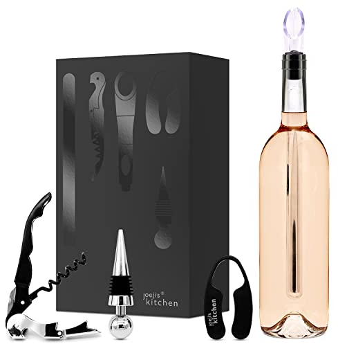 Joeji's Kitchen Wine Chiller Set 6-in-1 with Instant Wine Aerator Pourer Stainless Steel Wine Cooler Stick Foil Cutter Stopper Corkscrew & Storage Pouch Giftable Wine Accessories