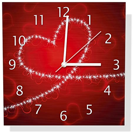 Wallario Design Wanduhr Leuchtendes Herz aus Sternen vor rotem Hintergrund aus Aluverbund, Alu-Uhr Größe 30 x 30 cm, weiße Zeiger mit Metalloptik