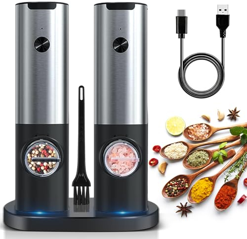 Juego de molinillo eléctrico de sal y pimienta, molinillo automático recargable de sal y pimienta con base recargable USB, molinillos de especias con luz LED