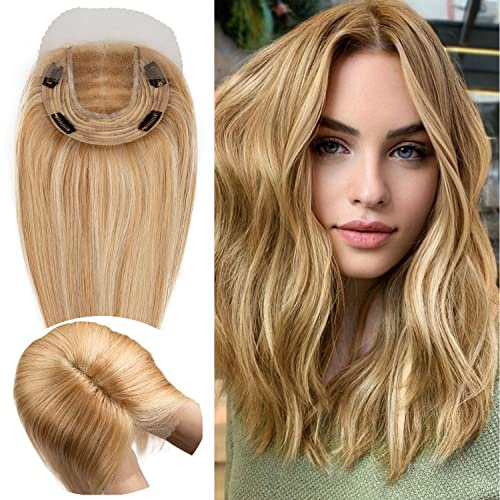 Volumateur Capillaire Femme Cheveux Naturel Avec Devant en Dentelle Topper Cheveux 14*15cm Mono Base Humain Toupet Extension a Clip Cheveux (40cm-80g, #P18/613)