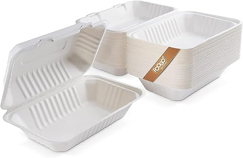FOOGO Green 50pcs Boîtes Clamshell Emporter, 23x15 cm, 900ml, Pulpe de Canne à Sucre Naturelle, Ecologiques, Récipients Alimentaires Jetables, Compostables, Biodégradables