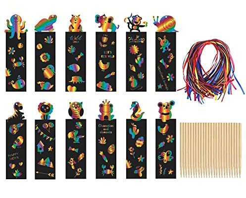 iJiGui Kratzbilder 36 Stück, Tier Lesezeichen Kratzbilder Set, Kratzbilder Lesezeichen, Lustig Lesezeichen mit Holzstiften und Bändern, Geburtstag Mitgebsel