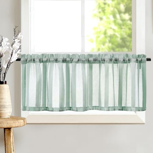 TOPICK Sheer Scheibengardinen 1 Stück H 35 x B 130 (cm) Blaugrün mit Tunnelzug Transparent Bistrogadine Streifen Voile Küchenvorhang Gestreift Küchengardinen Paarig für Badezimmer Klein Fenster