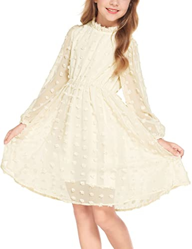 Arshiner Vestidos para niñas Vestido de Fiesta con Cuello con Volantes y Mangas Acampanadas con Lunares suizos Vestido Informal para niñas 5T-13Y