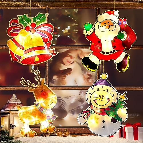 YeahBoom 4er Set Mehrfarbige LED Weihnachtsbeleuchtung Doppelseitig Saugnapf Timer (ohne Batterie) für Innen und Außen