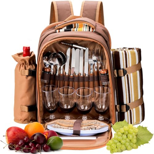 Cididu Picknickkorb-Rucksack für 4 Personen, sperrige auslaufsichere Picknickkorbtasche mit Besteck-Set, Kelch, Fleecedecke und Servietten, isolierte Kühltasche für Strand, Camping, Wandern, Reisen