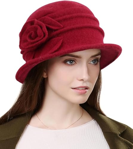 Wantonfy mössa hatt kvinnor basker vintermössor fransk vintage blommig ull klassisk vintermössa fransk keps 1920-talet, Röd, one size