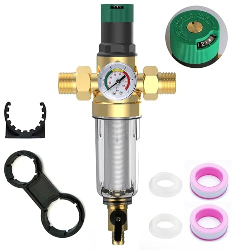 Rückspülfilter mit Druckminderer und Manometer, Wasserfilter 3/4 Zoll Hausanschluss Wiederverwendbare Druckminderer Wasserfilter Vorfilter Sedimentfilter Wasserdruckminderer Druckregler Messing