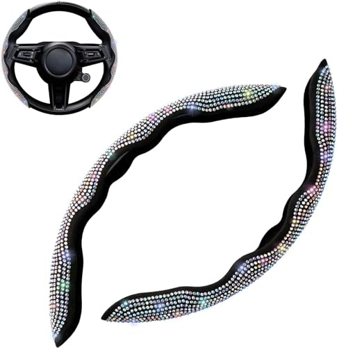 mzoLife Auto-Lenkradbezug, universeller Diamant-Bling-Lenkradbezug, 2 Stück segmentierter Lenkradschutz, sicheres und rutschfestes Auto-Zubehör (schwarz, weißer Diamant)