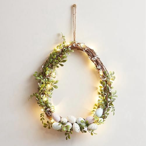 URMAGIC Couronne d'œufs de Pâques pour décoration, 30 cm, couronne de vigne avec lumières LED, œufs et feuilles vertes, couronne de printemps lumineuse alimentée par piles, couronne de porte de Pâques