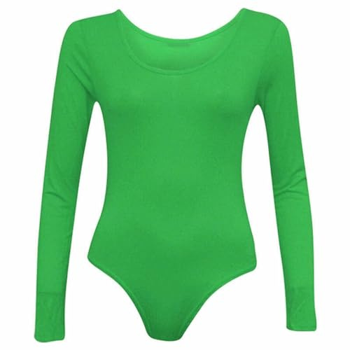 GUBA New Womens Plain Long Sleeve Bodysuit Ladies Basic Scoop Neck High Stretch Leotard Top Soft Shapewear Thong Ballet Dance Gymnastics Body Hugging Jumpsuit Size UK 8-14 Jade Green