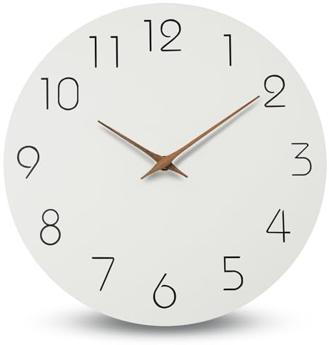 Aolso tyst och tickar inte 30 cm trä rund batteridriven väggklocka, lätt att läsa, för vardagsrum, sovrum, barnrum, kontor, skola (vit)