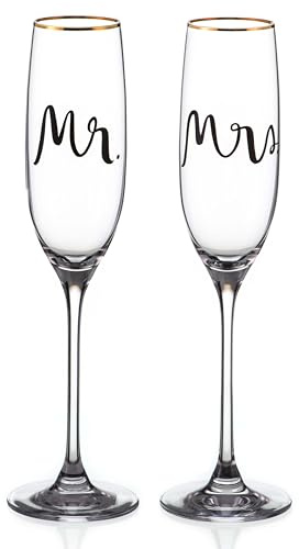 DIAMANTE Wedding Flute Pair - Mr & Mrs with Gold Rim - Gift Pack of 2 Champagne Glasses Kate Spade