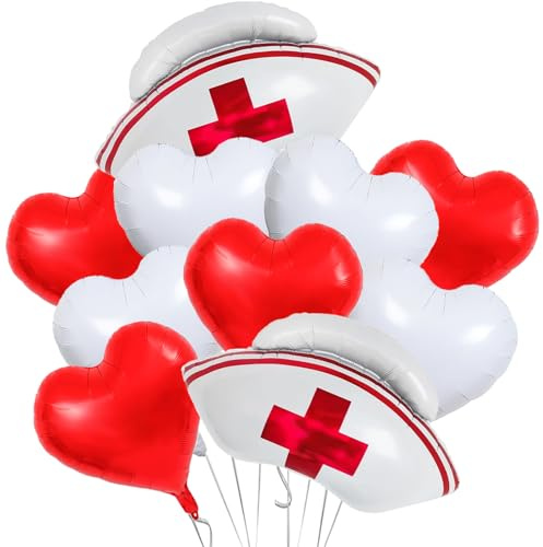 Cheosruy 10pcs Nurse Cap Balloons, Red & White Heart Shapes, Large, Self-Sealing, Perfect for Nurse Graduation, RN Themed Parties, Birthdays, Weddings & More