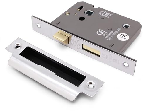 EAI Polished Chrome Bathroom Lock, 74mm Case x 57mm Backset | Suitable for Left and Right Closing Doors, Adjustable Keep Reduces Rattle, Dust Box and Fixings Included