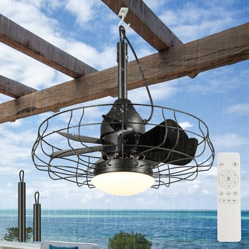 Powfloven - Outdoor Ceiling Fans 19 Inch Waterproof Black with Lights Plug in Remote Control Patio Pergola Fan with 3 Color LED Light