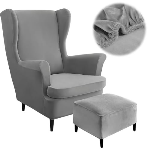Ohrensessel Überzug: 3-Teilig Dunkelgrauer Samt, Stretch Elastisch, Schutz Und Komfort, Für Wohnzimmer (Rückenlehne 95-100 Cm/78-85 Cm, Stuhlbreite 84-90 Cm)