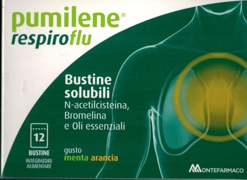 Pumilene Respiroflu 12 Bustine solubili con N-acetilcisteina, Bromelina, Oli essenziali, Gusto menta arancia, 36 g