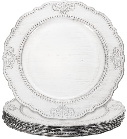 sourcing map 10pcs Vintage Charger Plates Bulk, 13 Inch Plastic Beaded Decorative Chargers for Dinner Plates Set Round Plate Charger for Wedding Party Event Table Setting Decoration, White