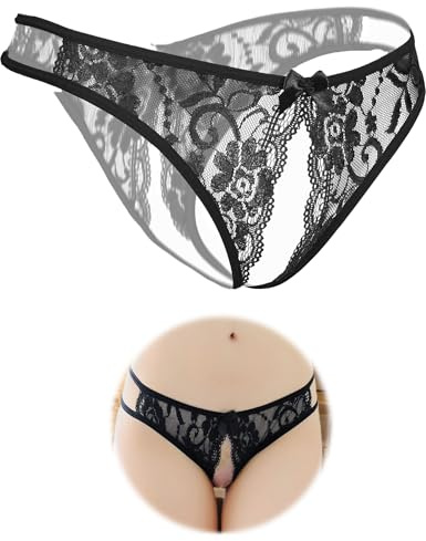 FULLJOYLOVE Damen Sexy Erotische Höschen Offener Schritt Unterwäsche Spitze String String Offene Erotische Brasilianische Slips Frauen Hipster Dessous Schwarz XL