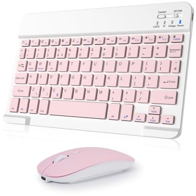Nsyee Bluetooth Keyboard and Mouse, Universal Compact Wireless Keyboards, Rechargeable Portable for iPad/Samsung/Tablet/iOS/Android/Windows, UK Layout (Pink, Keyboard and Mouse)