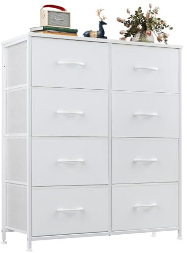 Sweetcrispy Kommode mit Stoff-Schubladen, Sideboard mit 8 Stoff-Schubladen, Schubladenschrank, Organisationsmöbel für Küche, Büro, Flur, TV-Schrank mit Schubladen, Weiß