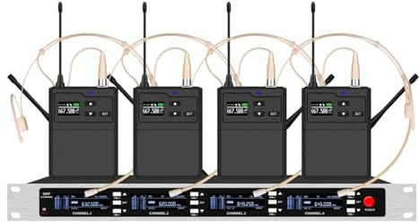 4 Channel Wireless Headset Microphone Set True Diversity Pro Audio Recording Stage Vocal Singing Karaoke Church School Performance 4 Handheld, 19 Inch Rack Mountable, Black