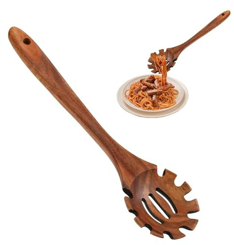 Wood Spaghetti Spoon | Slotted Spoon Spaghetti Server 12.6 Inch | Hangable Long Hand Pasta Serving Utensils Wood Spaghetti Server Spoon Pasta Ladle with Teeth for Cooking