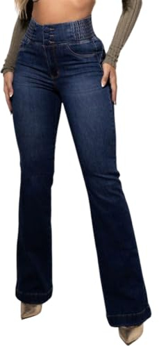 shownicer Jean Femme Taille Elastique Bootcut Jeans Taille Haute Flared Pantalon Denim Évasé Jambe Large Stretch Jean A Bleu Foncé L