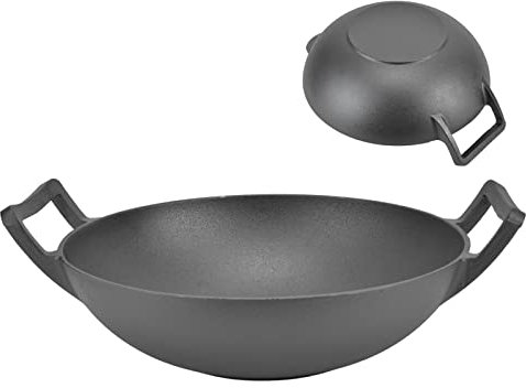 FLEXMAN Grill Pfanne Gusseisen, 32cm Durchmesser Nicht Beschichteter, Runder Gusseisen Multifunktion Küche Rechtes Werkzeug Zum Braten von, Eier Kochen, Hähnchen