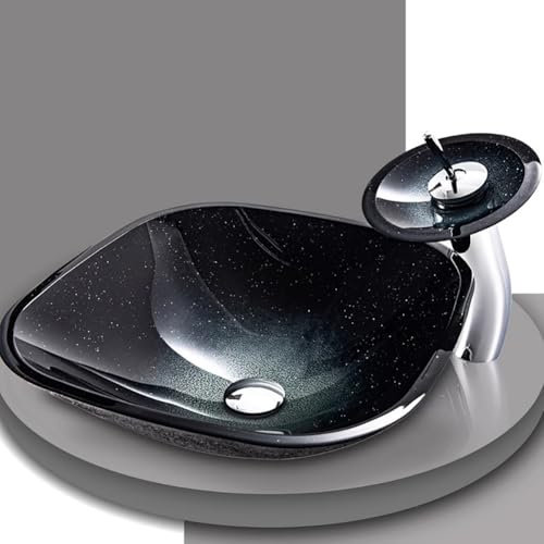PA-DABAOO Vasque De Salle De Bain en Verre Trempé Décoratif Étoilé, Vasque en Verre Artistique, Vasque De Salle De Bain Moderne, Vasques À Poser Au-Dessus du Plan De Toilette,D Set