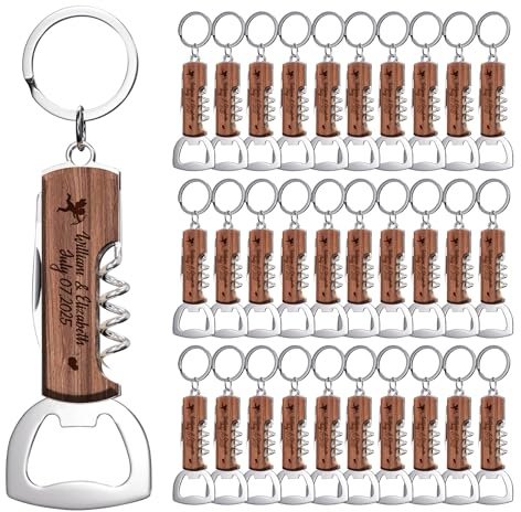 30 Pezzi Apri Bottiglie in Palissandro Personalizzato Multifunzionale, Bomboniere Regalo per Matrimoni e Feste di Compleanno, Portachiavi Apribottiglie Incisi per Ospiti