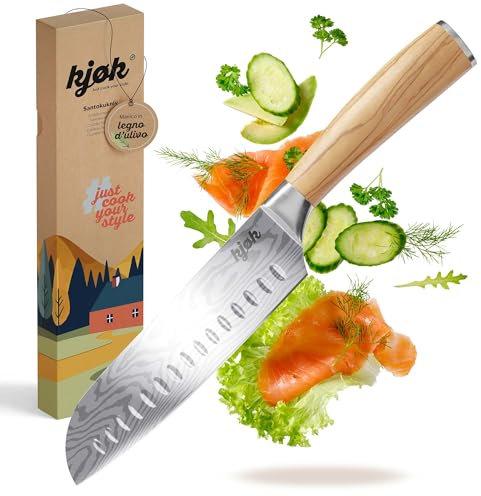 kjøk Premium Coltello Santoku lama 17cm in acciaio 7cr durezza 58±2 HRC coltello da cucina giapponese manico ergonomica in legno d'ulivo coltello professionale da chef lama ultra affilata