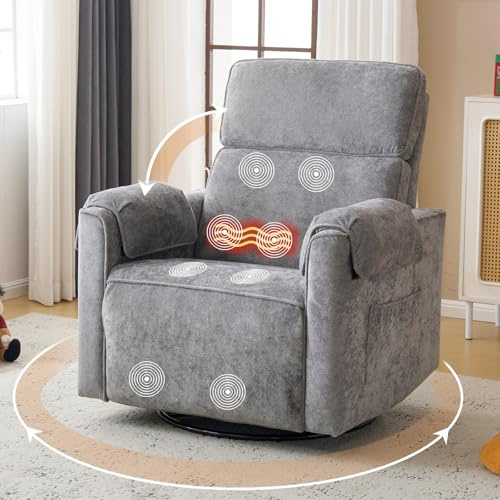 Rhevoy Relaxsessel Fernsehsessel Elektrisch Verstellbar Massagesessel mit Wärme und Liegefunktion, 270° Drehbarer TV Sessel Wohnzimmer, Verstellbare Kopfstütze, Type- C & USB, 2 Seitentaschen, grau
