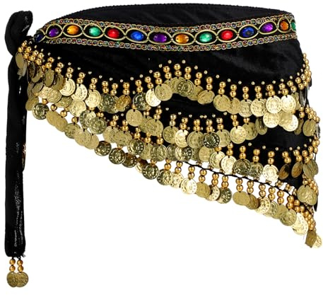 Grevosea Women's Belly Dance Hip Scarf, Belly Dance Skirt Performance Skirt Wrap with Sequins and Coins, Mid Rise Chiffon Costume with Colorful Gemstone & Coins(Black)