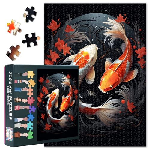 Pussel för vuxna 1 000 bitar Koi-fisk, pussel 1 000 bitar Yin Yang fisk, djur utmanande pusselspel för kvinnor heminredning storlek 70 x 50 cm