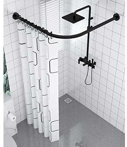 Barra de cortina de ducha curvada sin taladro, barra telescópica ajustable de acero inoxidable en forma de L con ganchos, color negro, se adapta a 70-95 cm x 105-165 cm, ideal para baños