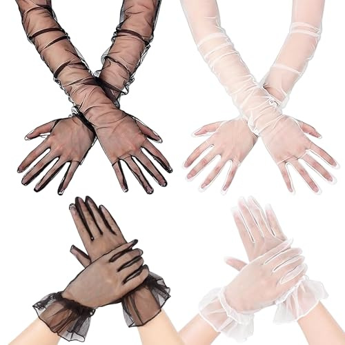 YiiHHooN Guantes de Encaje, 4 Pares de Guantes de Tul Negros y Blancos, Guantes Largos de Tul y Guantes Cortos de Encaje Guante de Red para Bodas Fiestas Disfraces y Mascaradas