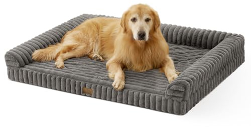 COZY KISS XXL Hundebett 120x88cm, Orthopädisches Sofa für Große Hunde, Grau | Weihnachts weich Hundebett, Plüsch Kunstfell & Cordbezug, Eierkisten-Schaum, Abnehmbar & Waschbar, Rutschfest, 17cm H, Grau