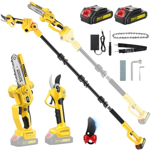 4 en 1 Mini Tronconneuse & Sécateur Électrique avec Perche, Portée Maximale Jusqu'à 4,2 m, 1000 W Moteur Sans Balais & 2 x 2,0 Ah, Tronconneuse a Batterie, Secateur Electrique Sans Fil pour Jardinage