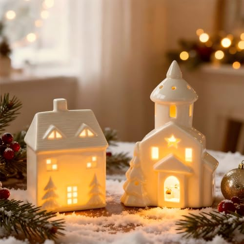Weihnachtsdorf mit Beleuchtung, Weihnachtsdeko Häuser, LED Keramik Wichtelhaus Weihnachten Deko Innen, Beleuchtet Weihnachtshäuser Weiß Lichthäuser Weihnachtsdorf Häuser für DIY Weihnachtsstadt (H)