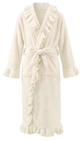 JiAmy Mädchen Fleece-Bademantel mit Rüschen, Gürtel und Taschen, 4–14 Jahre | Weich und warm; ideal nach dem Baden, für die Nacht und gemütliche Morgen