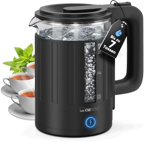 Clatronic WK 3837 Bouilloire électrique en Verre de 1,7 l, sans BPA, contrôle à Une Main, boîtier Isolant Thermique, Bouilloire électrique Noire