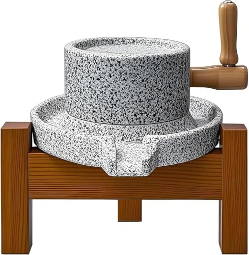 Stone Grain Mill Grinder for Home - Handmade Countertop Wheat & Flour Disk Grinder with Wooden Stand for Bread, Tortillas, Spices