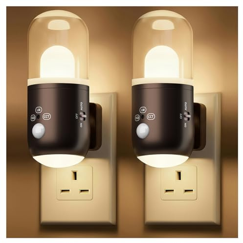 SuglanBee Night Light Plug in Wall with Motion Sensor & Dusk to Dawn Sensor | 3 Color Temperatures,5-Level Dimming (20-240 LM) RGB LED Night Light for Bedroom, Hallway, Stairs(Coffee 2pcs)