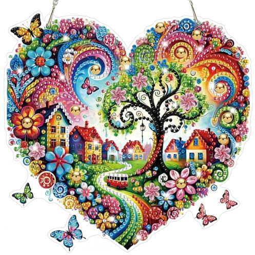 Lxmsja Heart-Shaped Flower Diamond Art Hanging Kits for Adults, Diamond Art Suncatchers Tree of Life, 5D Special Shape Diamond Painting Pendant Window Ornament Gifts for Home Wall Decor