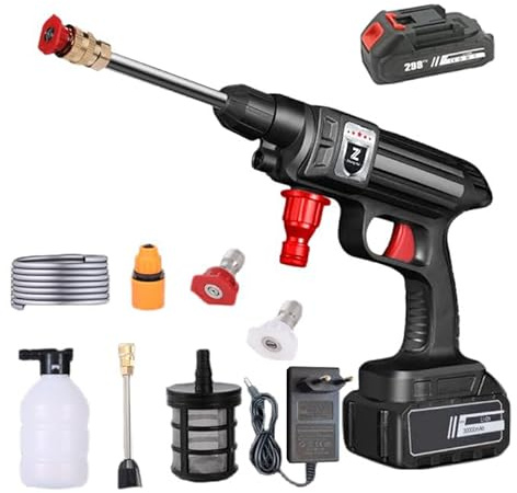 Pulitore ad alta pressione senza fili, 30 bar, 30000 mAh, idropulitrice ad alta pressione sulla batteria, getto max 7 metri, ugello 6 in 1 e tubo da 5 m, per giardino e auto (1 batteria)