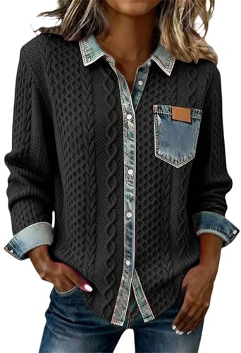Camisas con botones para mujer, de negocios, casual, cuello de solapa, estampado texturizado, blusa de mezclilla con retazos, casual, ligera, chaqueta de mezclilla vintage con costuras de bloque de