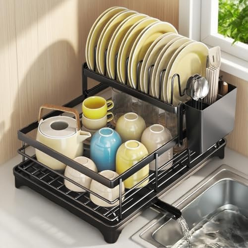 Topnewhome 2stufiger Geschirrtrockner mit Besteckkorb,AbtropfständerSchwarz | Platzsparende Küchenlösung mit 360° Wasserablauf. Ideal für Teller, Tassen und Zubehör, hält die Spüle sauber und organisiert
